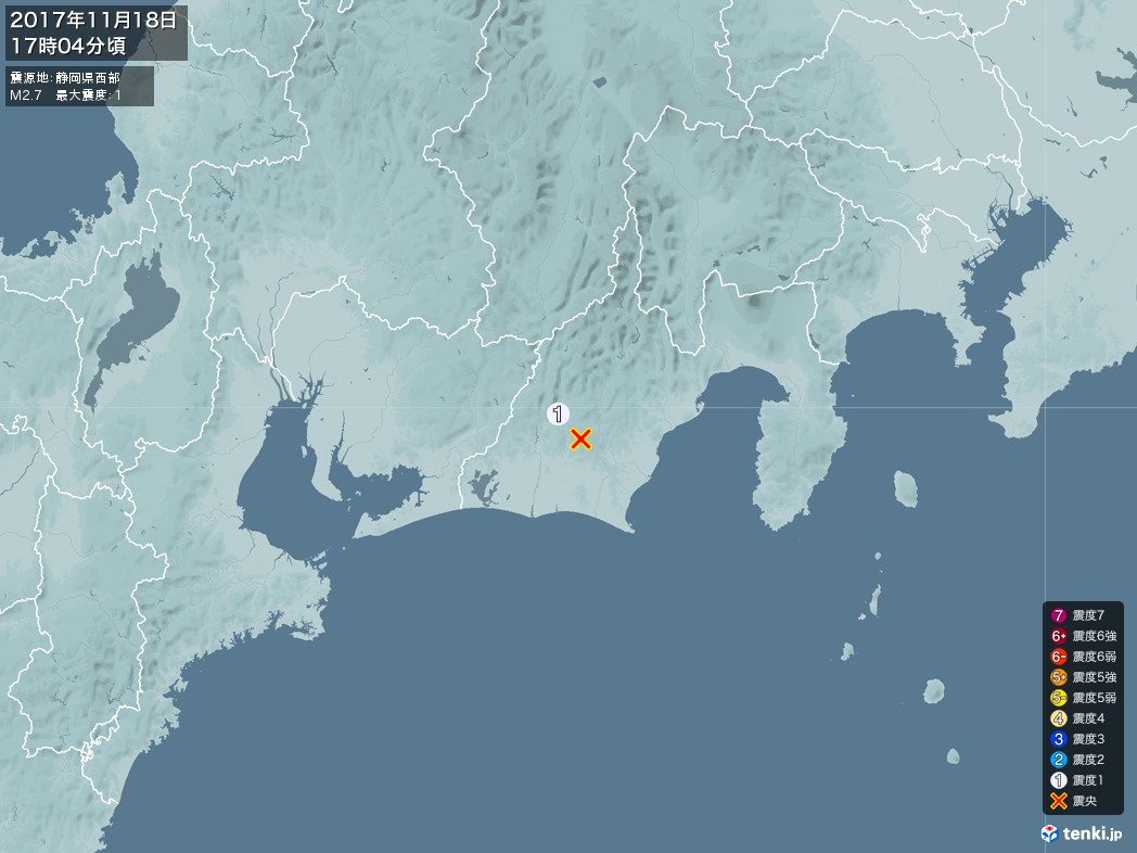 地震情報 2017年11月18日 17時04分頃発生 最大震度：1 震源地：静岡県西部(拡大画像)