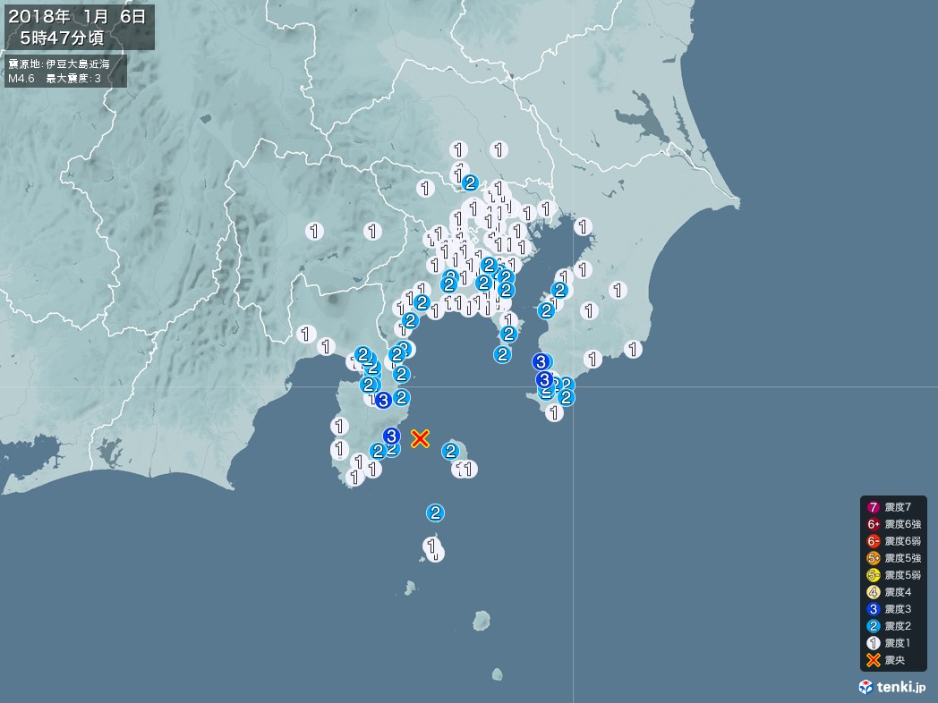 地震情報 2018年01月06日 05時47分頃発生 最大震度：3 震源地：伊豆大島近海(拡大画像)
