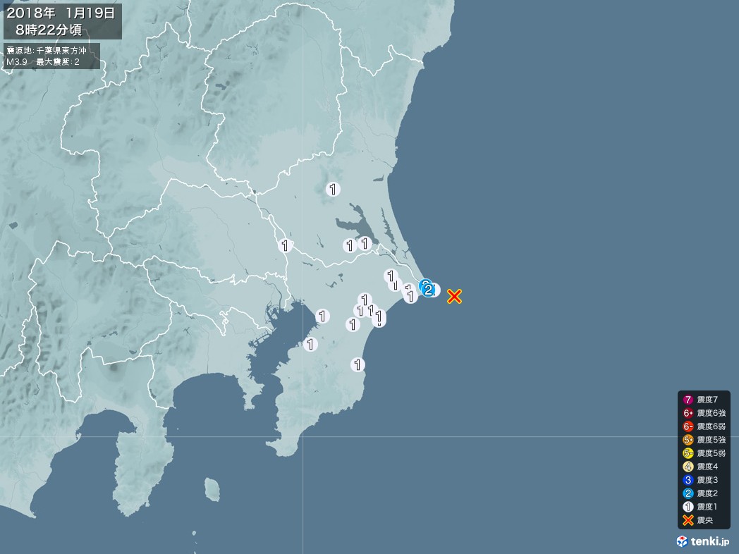 地震情報 2018年01月19日 08時22分頃発生 最大震度：2 震源地：千葉県東方沖(拡大画像)