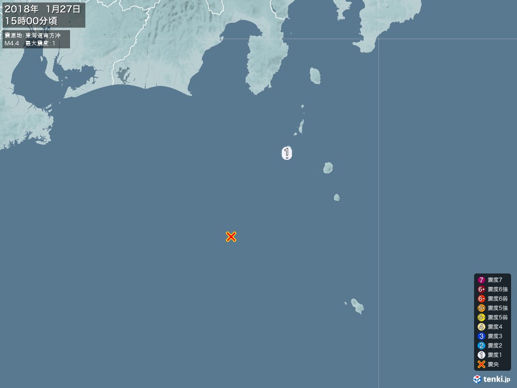 地震情報 2018年01月27日 15時00分頃発生 最大震度：1 震源地：東海道南方沖(拡大画像)