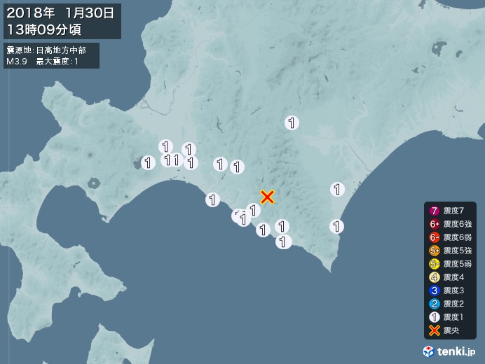 地震情報(2018年01月30日13時09分発生)