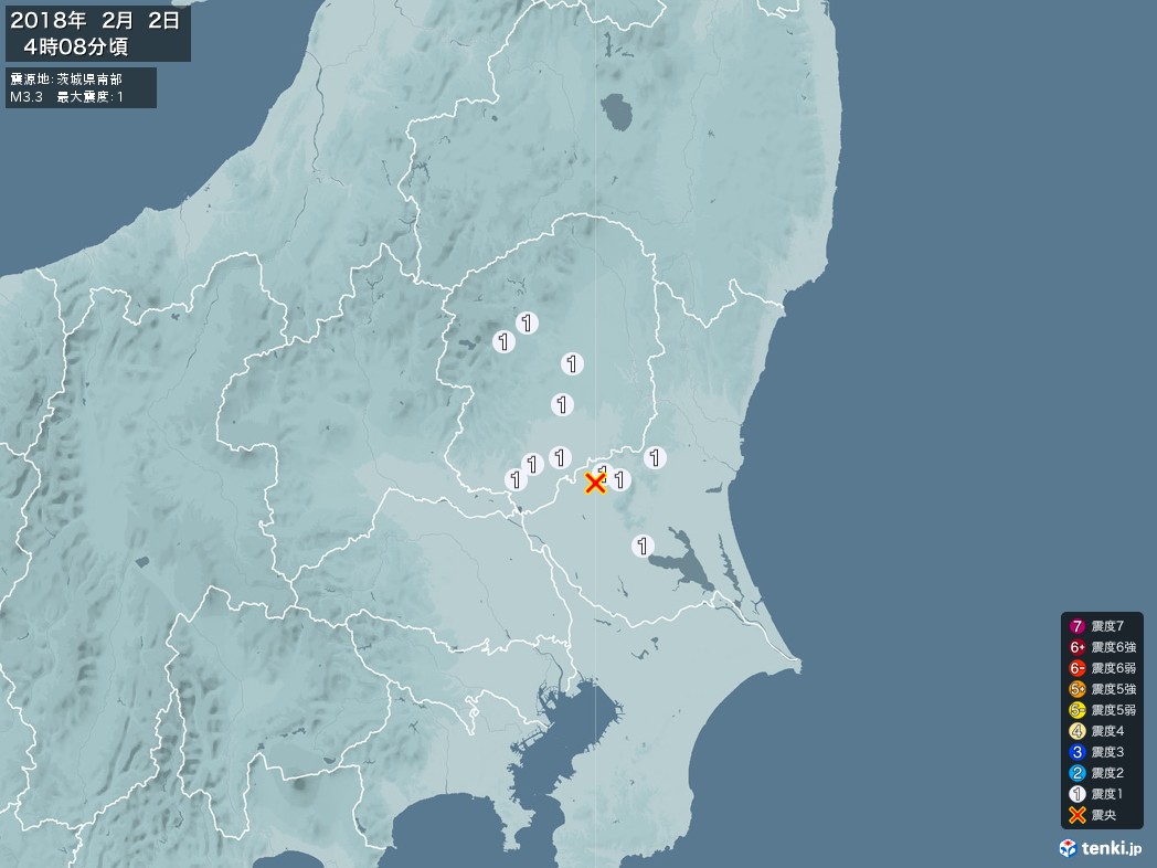 地震情報 2018年02月02日 04時08分頃発生 最大震度：1 震源地：茨城県南部(拡大画像)