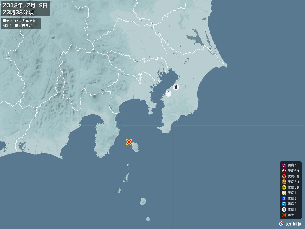 地震情報 2018年02月09日 23時38分頃発生 最大震度：1 震源地：伊豆大島近海(拡大画像)