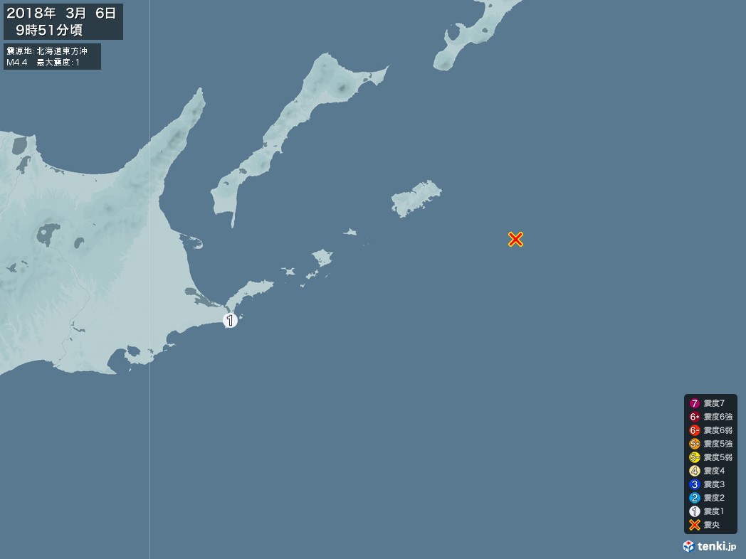 地震情報 2018年03月06日 09時51分頃発生 最大震度：1 震源地：北海道東方沖(拡大画像)