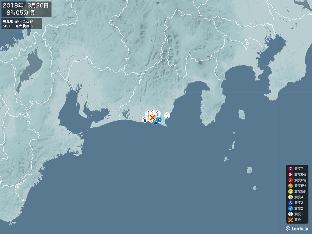 地震情報 2018年03月20日 08時05分頃発生 最大震度：2 震源地：静岡県西部(拡大画像)