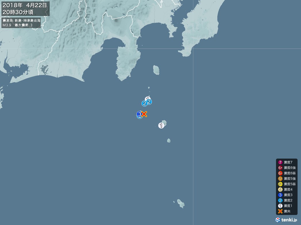 地震情報 2018年04月22日 20時30分頃発生 最大震度：3 震源地：新島・神津島近海(拡大画像)