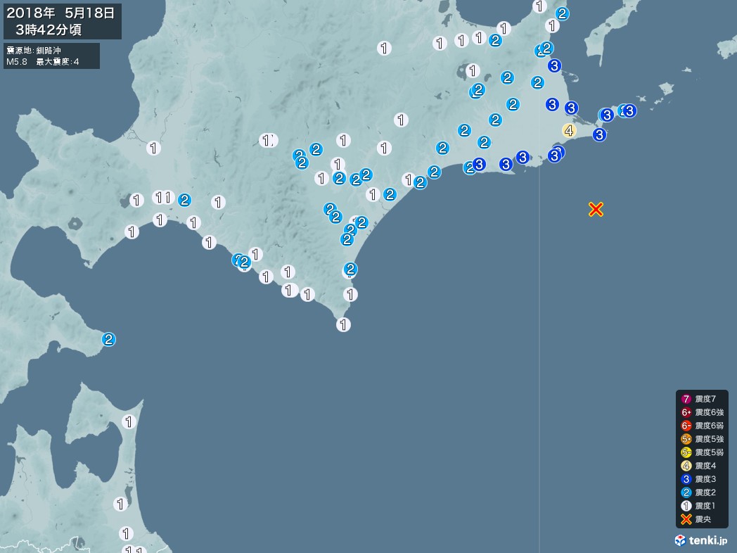 地震情報 2018年05月18日 03時42分頃発生 最大震度：4 震源地：釧路沖(拡大画像)