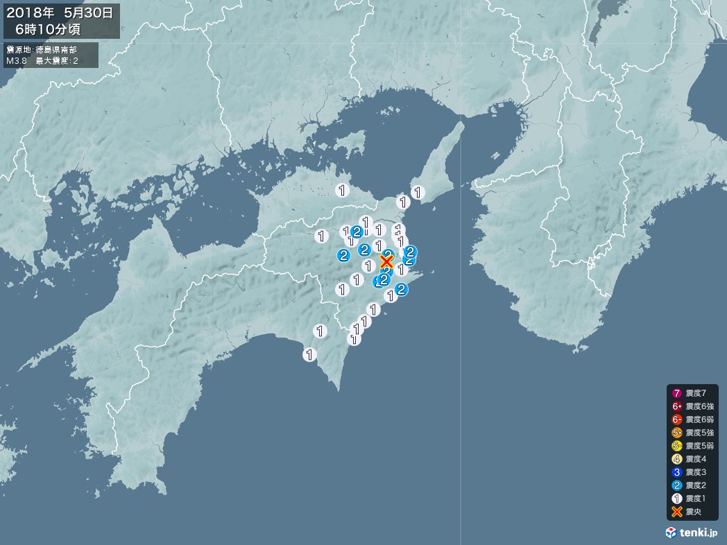 地震情報 2018年05月30日 06時10分頃発生 最大震度：2 震源地：徳島県南部(拡大画像)