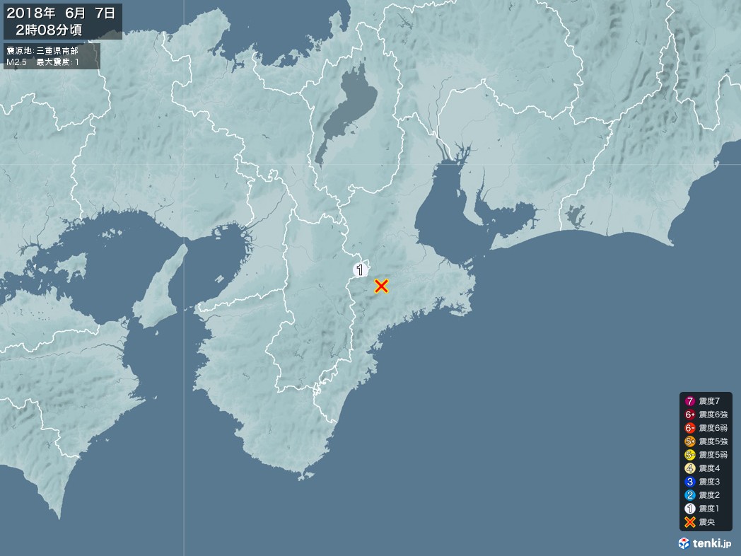 地震情報 2018年06月07日 02時08分頃発生 最大震度：1 震源地：三重県南部(拡大画像)
