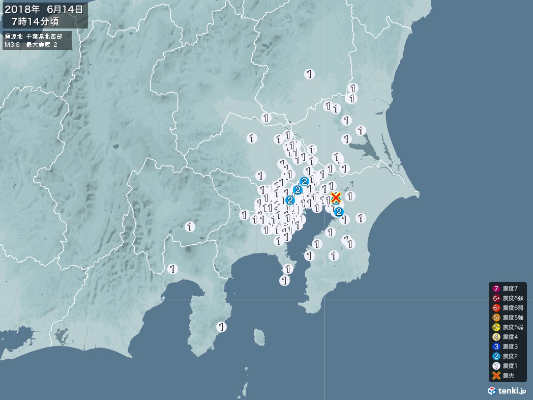 地震情報 2018年06月14日 07時14分頃発生 最大震度：2 震源地：千葉県北西部(拡大画像)