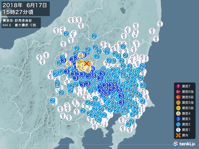 地震情報 18年06月17日 15時27分頃発生 最大震度 5弱 震源地 群馬県南部 日本気象協会 Tenki Jp