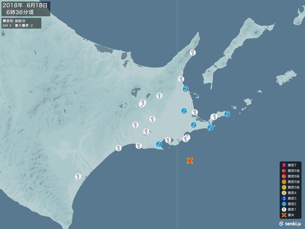 地震情報 2018年06月18日 06時36分頃発生 最大震度：2 震源地：釧路沖(拡大画像)
