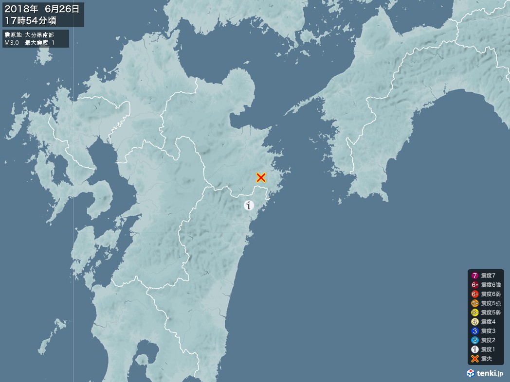 地震情報 2018年06月26日 17時54分頃発生 最大震度：1 震源地：大分県南部(拡大画像)