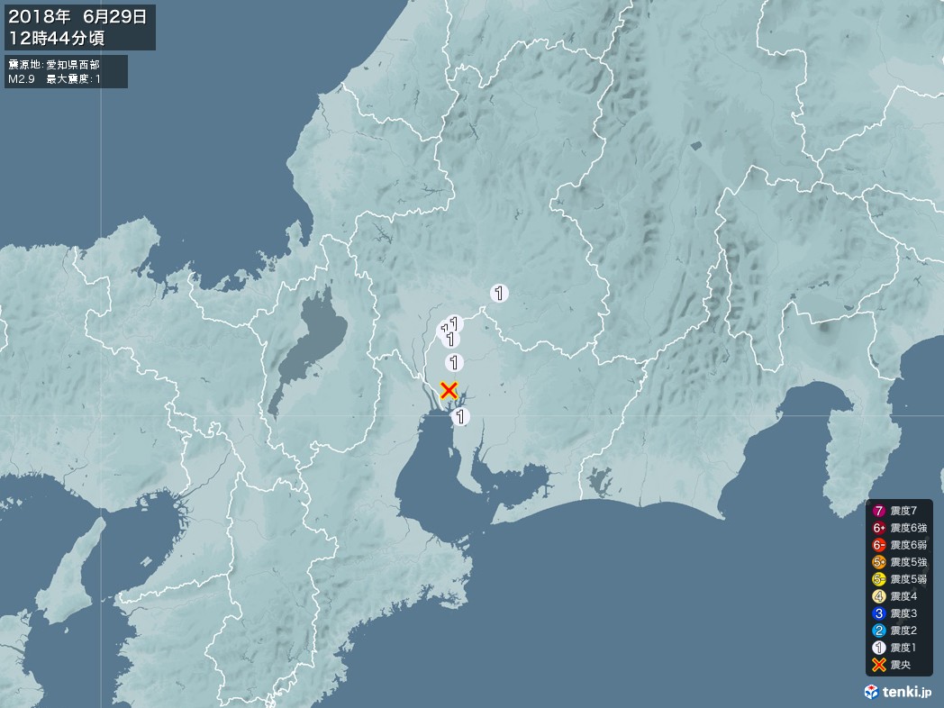 地震情報 2018年06月29日 12時44分頃発生 最大震度：1 震源地：愛知県西部(拡大画像)