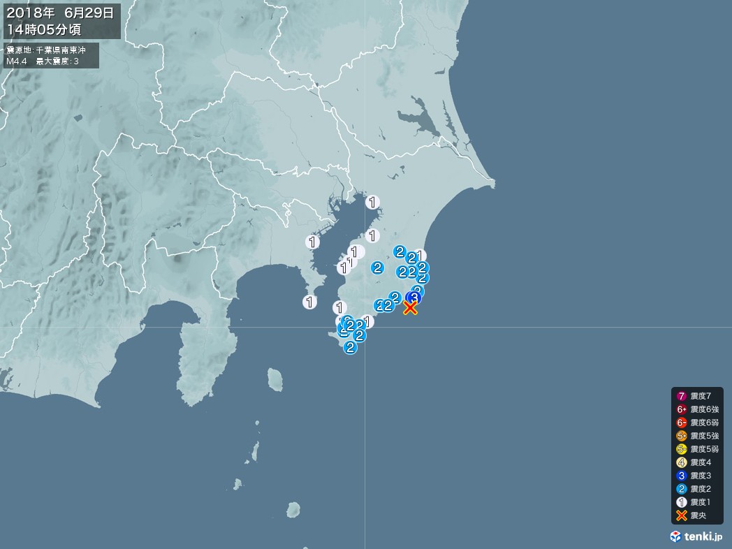 地震情報 2018年06月29日 14時05分頃発生 最大震度：3 震源地：千葉県南東沖(拡大画像)