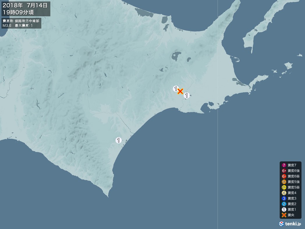 地震情報 2018年07月14日 19時09分頃発生 最大震度：1 震源地：釧路地方中南部(拡大画像)
