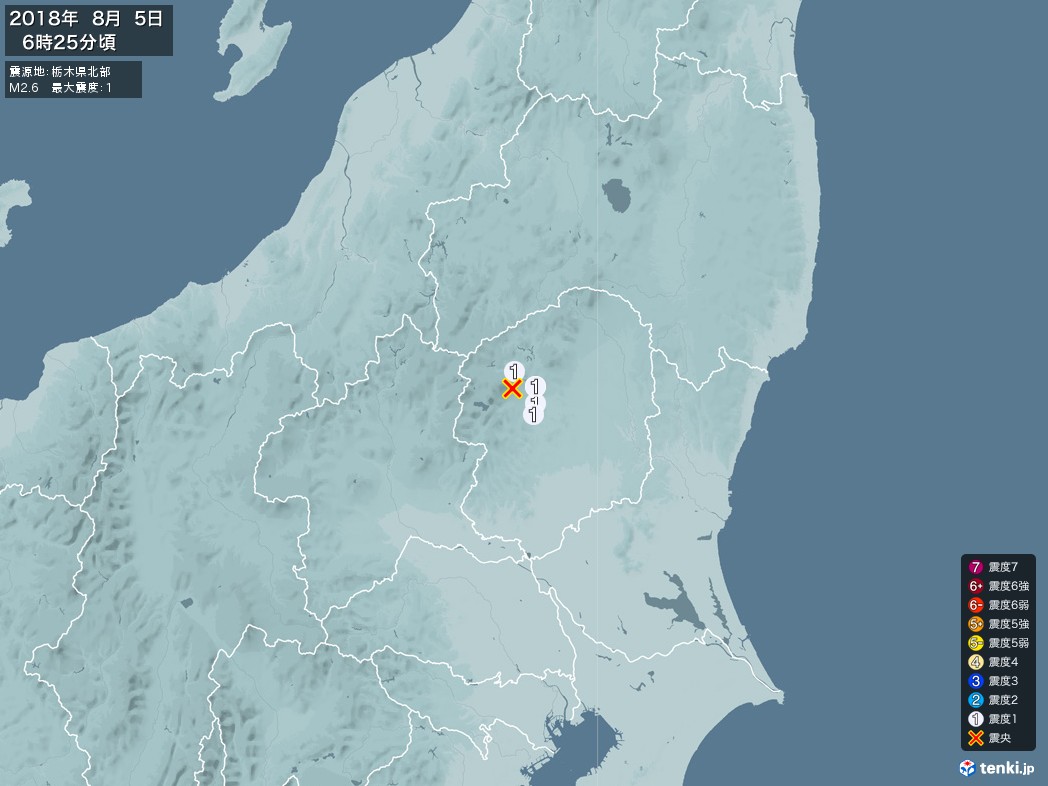 地震情報 2018年08月05日 06時25分頃発生 最大震度：1 震源地：栃木県北部(拡大画像)