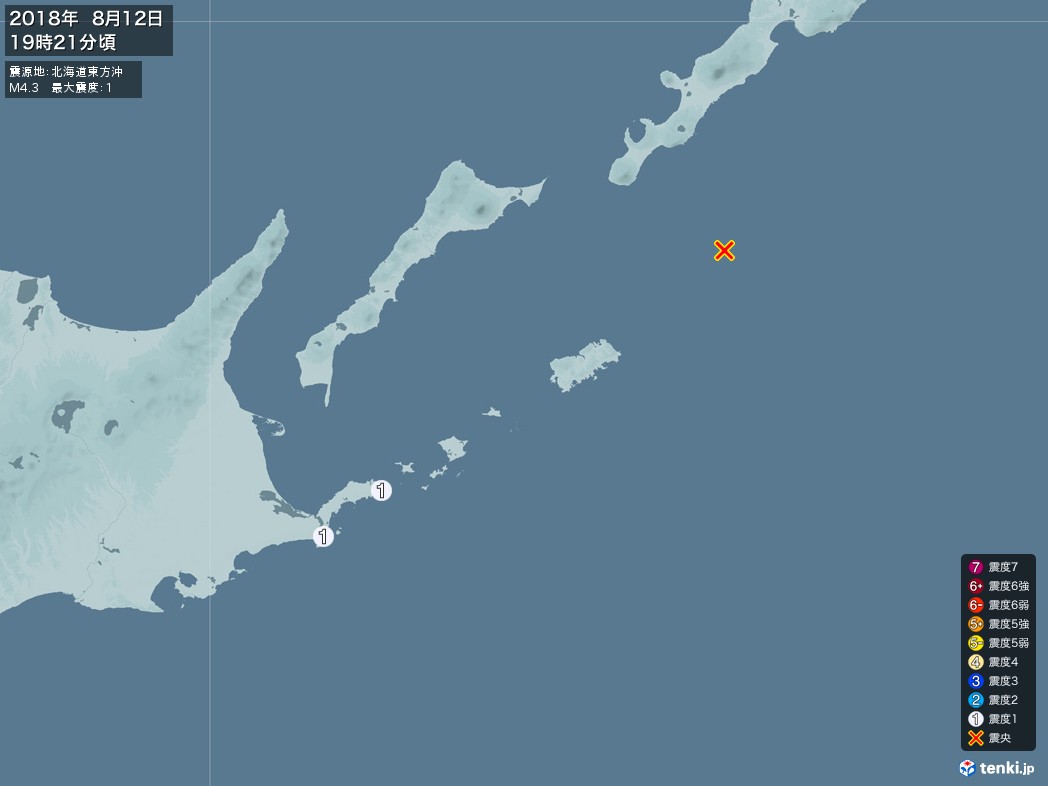 地震情報 2018年08月12日 19時21分頃発生 最大震度：1 震源地：北海道東方沖(拡大画像)