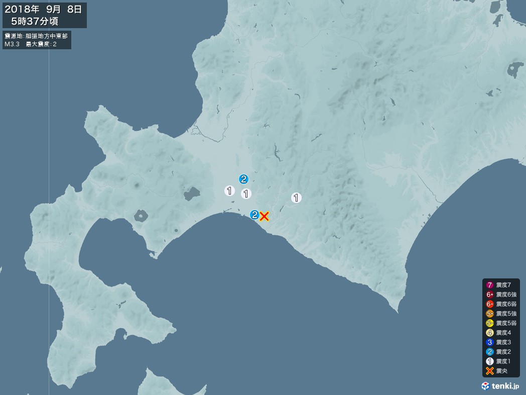 地震情報 2018年09月08日 05時37分頃発生 最大震度：2 震源地：胆振地方中東部(拡大画像)