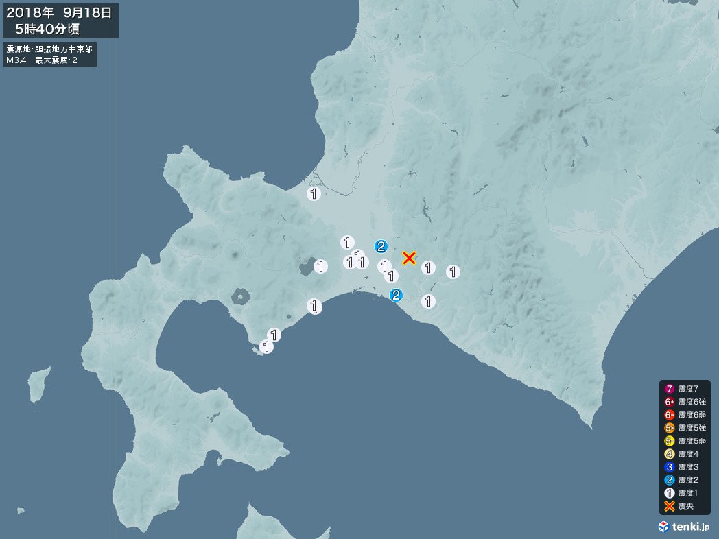 地震情報 2018年09月18日 05時40分頃発生 最大震度：2 震源地：胆振地方中東部(拡大画像)