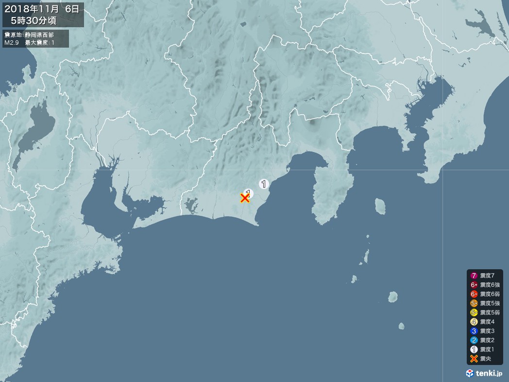 地震情報 2018年11月06日 05時30分頃発生 最大震度：1 震源地：静岡県西部(拡大画像)