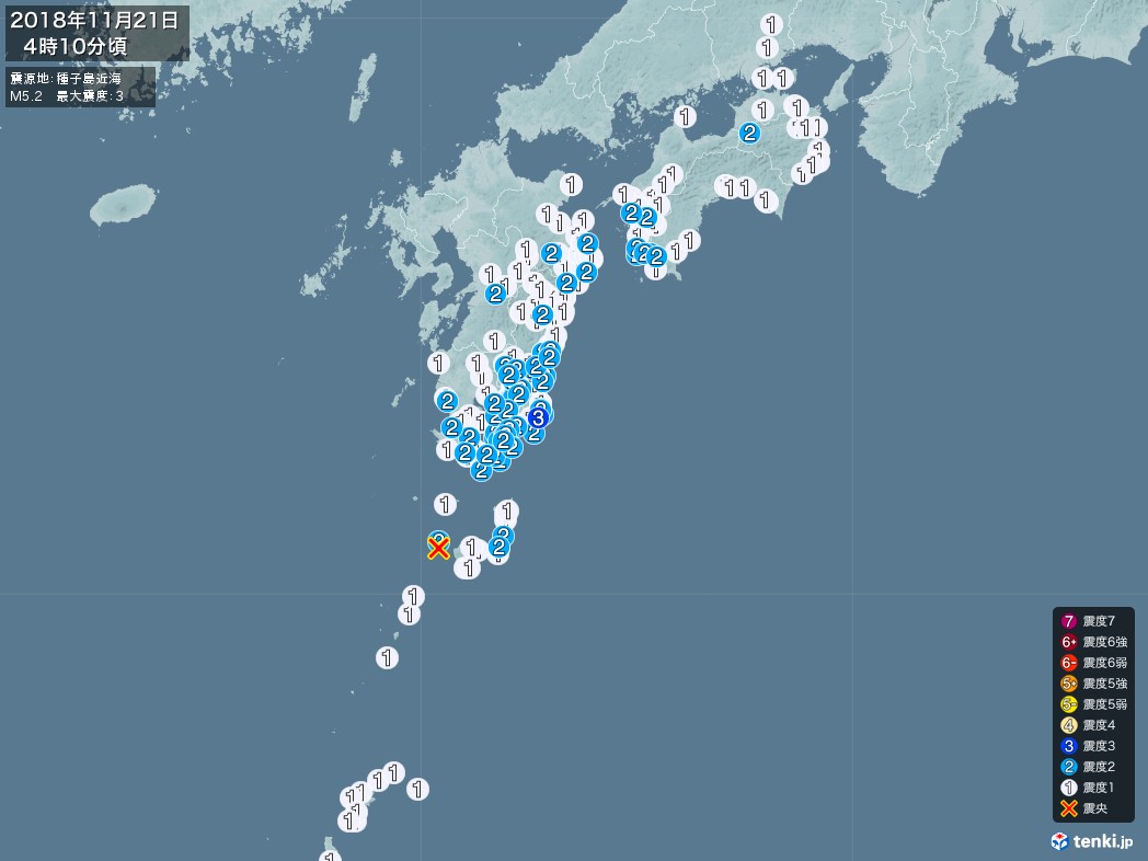地震情報 2018年11月21日 04時10分頃発生 最大震度：3 震源地：種子島近海(拡大画像)