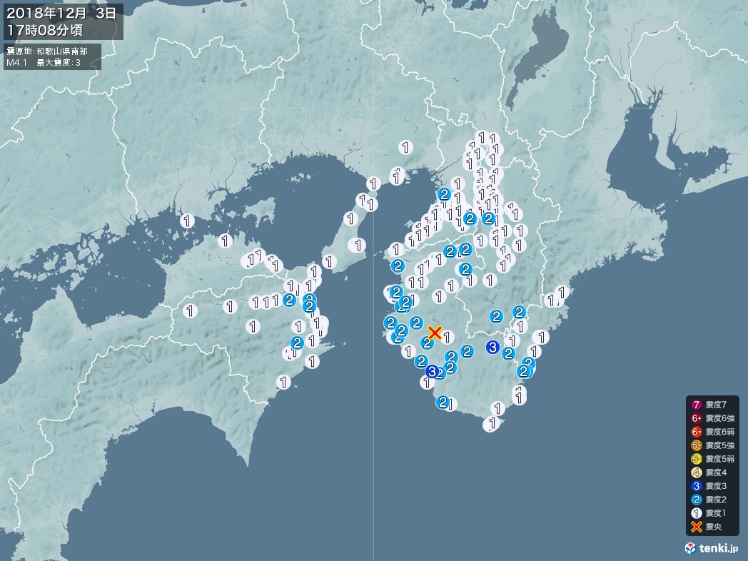 地震情報 2018年12月03日 17時08分頃発生 最大震度：3 震源地：和歌山県南部(拡大画像)