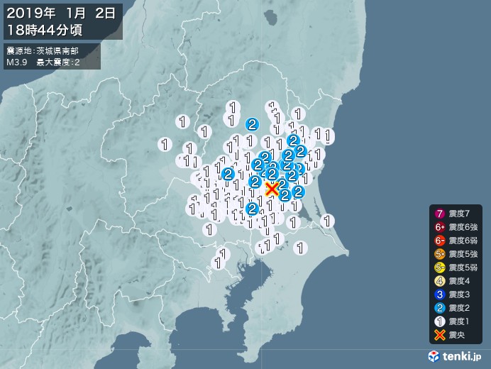 地震情報(2019年01月02日18時44分発生)
