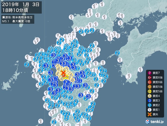 地震情報(2019年01月03日18時10分発生)