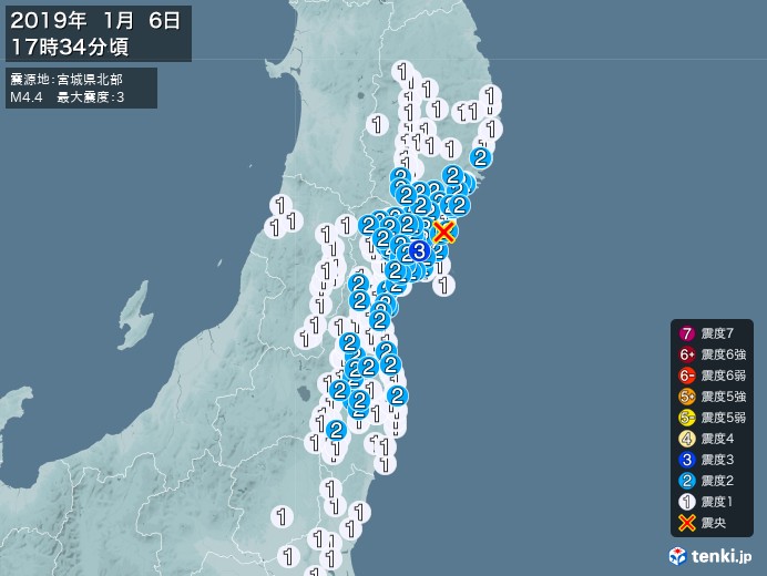 地震情報(2019年01月06日17時34分発生)