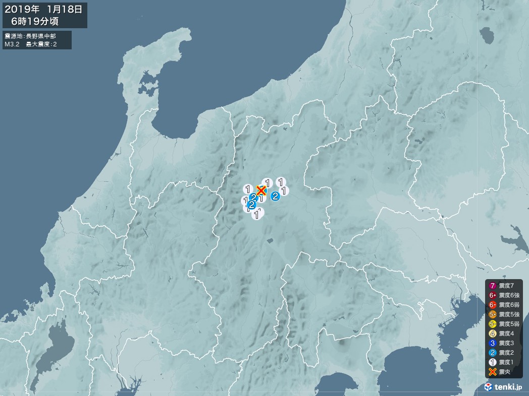 地震情報 2019年01月18日 06時19分頃発生 最大震度：2 震源地：長野県中部(拡大画像)