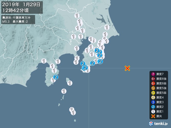 地震情報(2019年01月29日12時42分発生)