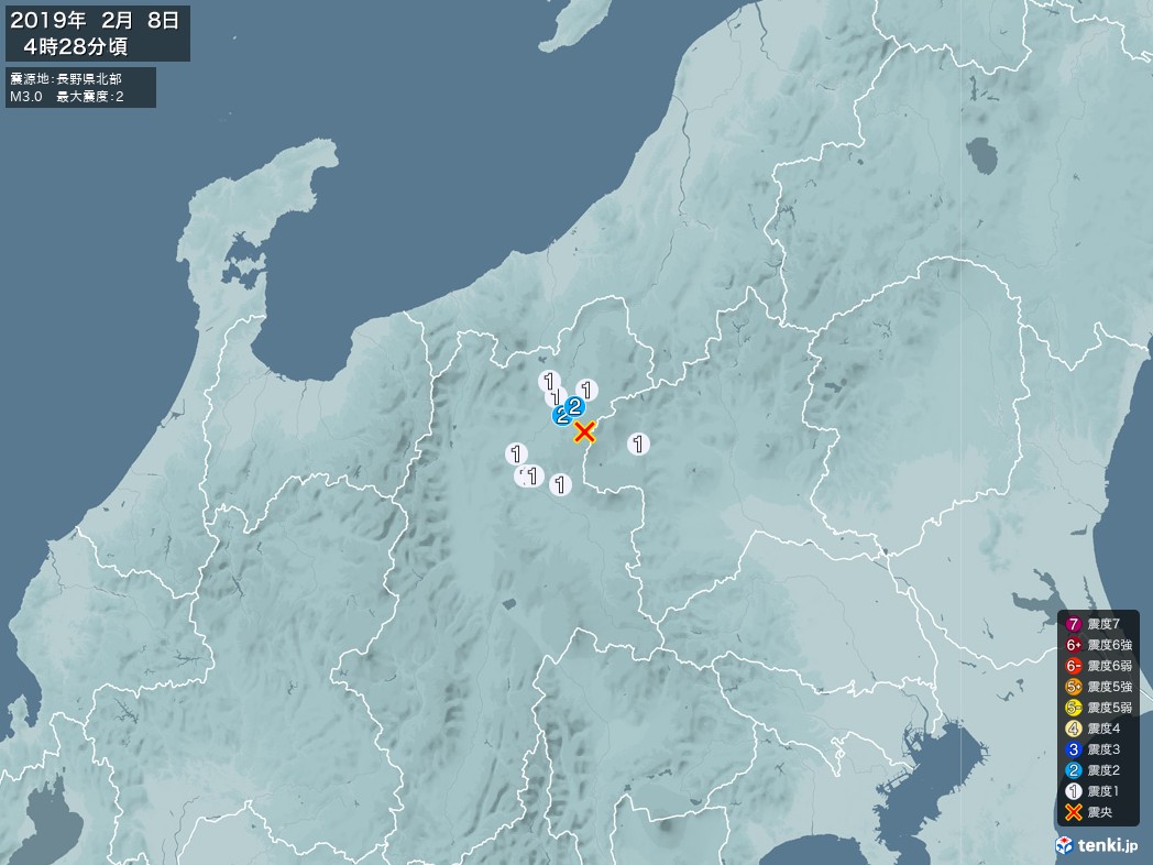 地震情報 2019年02月08日 04時28分頃発生 最大震度：2 震源地：長野県北部(拡大画像)