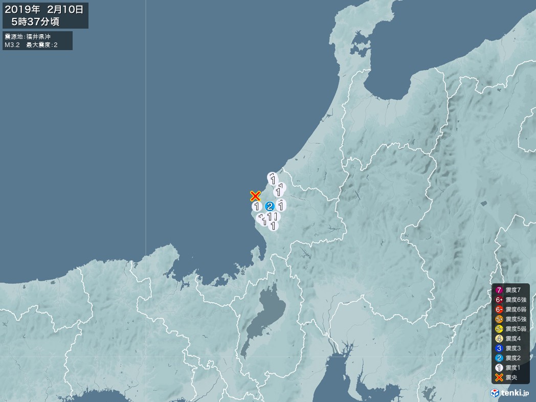 地震情報 2019年02月10日 05時37分頃発生 最大震度：2 震源地：福井県沖(拡大画像)