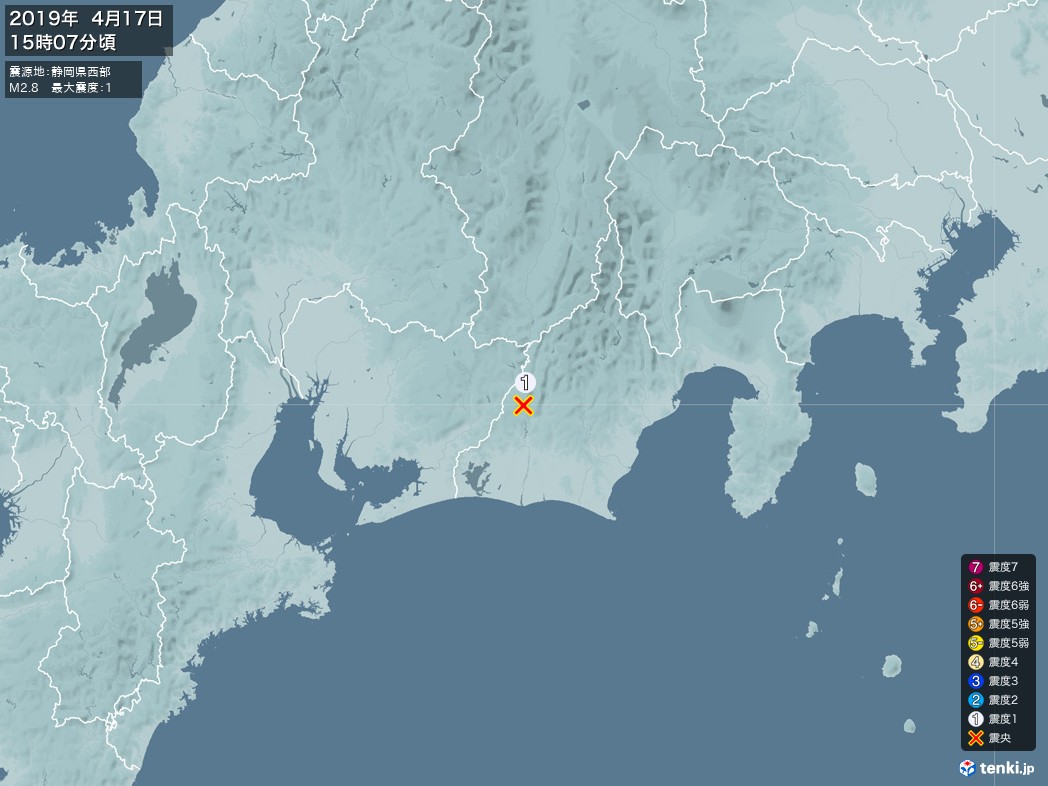 地震情報 2019年04月17日 15時07分頃発生 最大震度：1 震源地：静岡県西部(拡大画像)