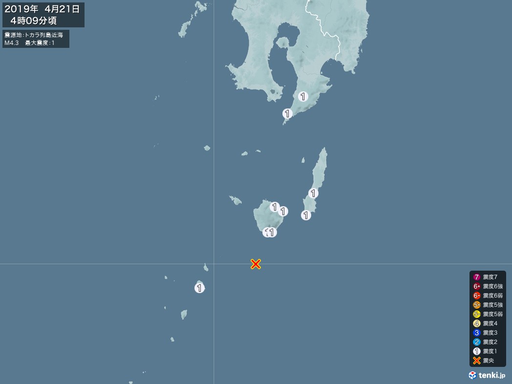 地震情報 2019年04月21日 04時09分頃発生 最大震度：1 震源地：トカラ列島近海(拡大画像)