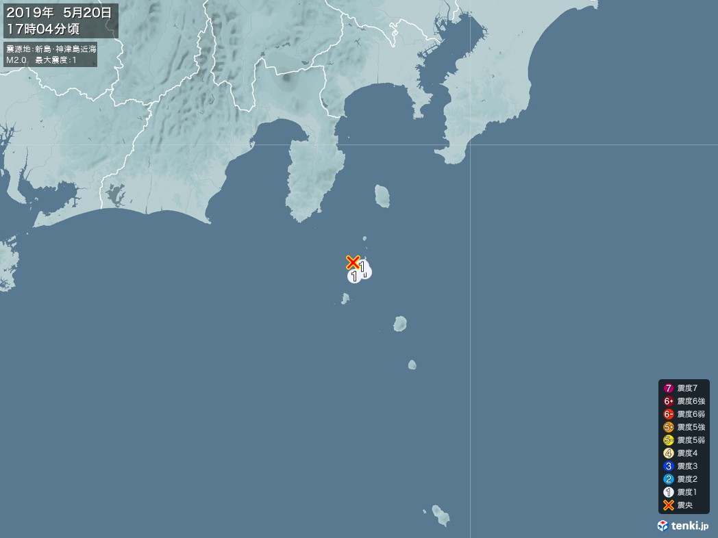 地震情報 2019年05月20日 17時04分頃発生 最大震度：1 震源地：新島・神津島近海(拡大画像)