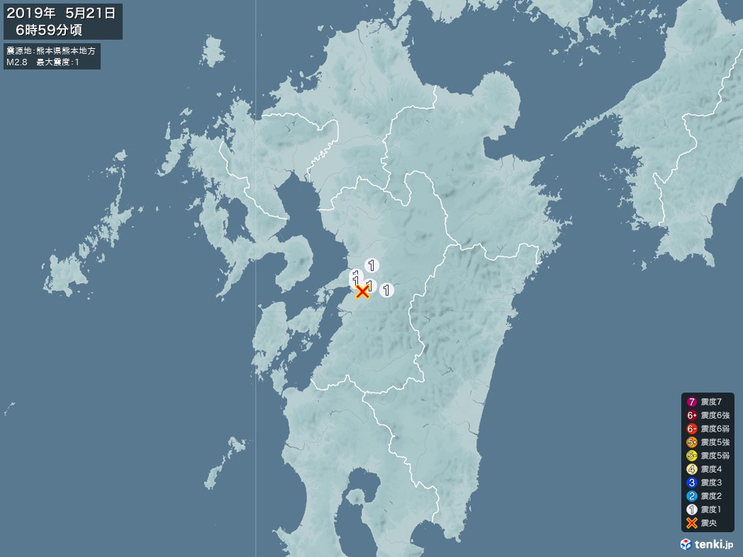 地震情報 2019年05月21日 06時59分頃発生 最大震度：1 震源地：熊本県熊本地方(拡大画像)