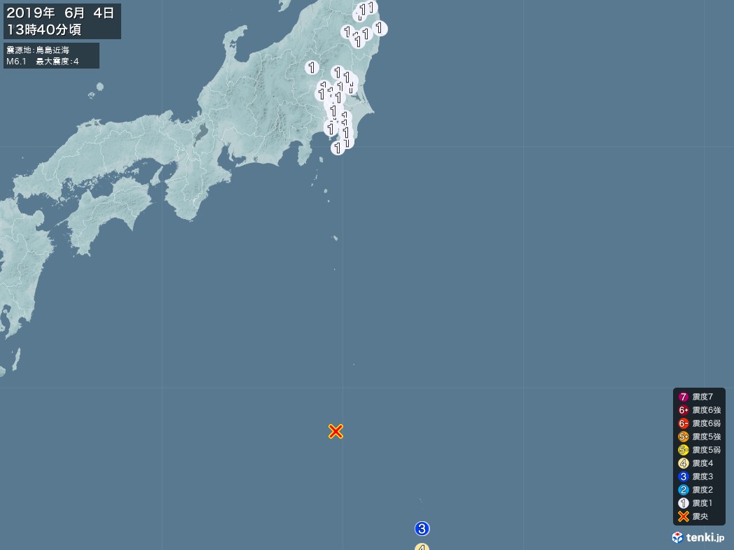 地震情報 2019年06月04日 13時40分頃発生 最大震度：4 震源地：鳥島近海(拡大画像)