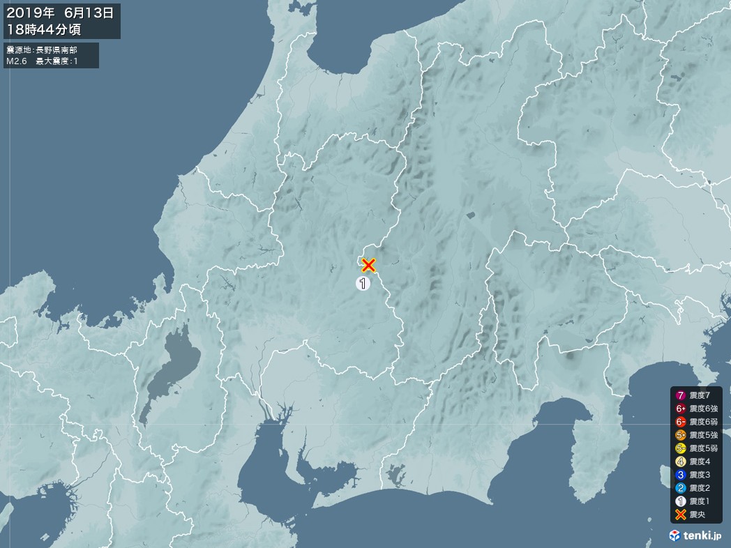 地震情報 2019年06月13日 18時44分頃発生 最大震度：1 震源地：長野県南部(拡大画像)