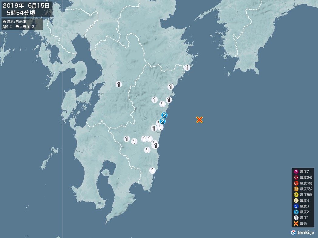 地震情報 2019年06月15日 05時54分頃発生 最大震度：2 震源地：日向灘(拡大画像)