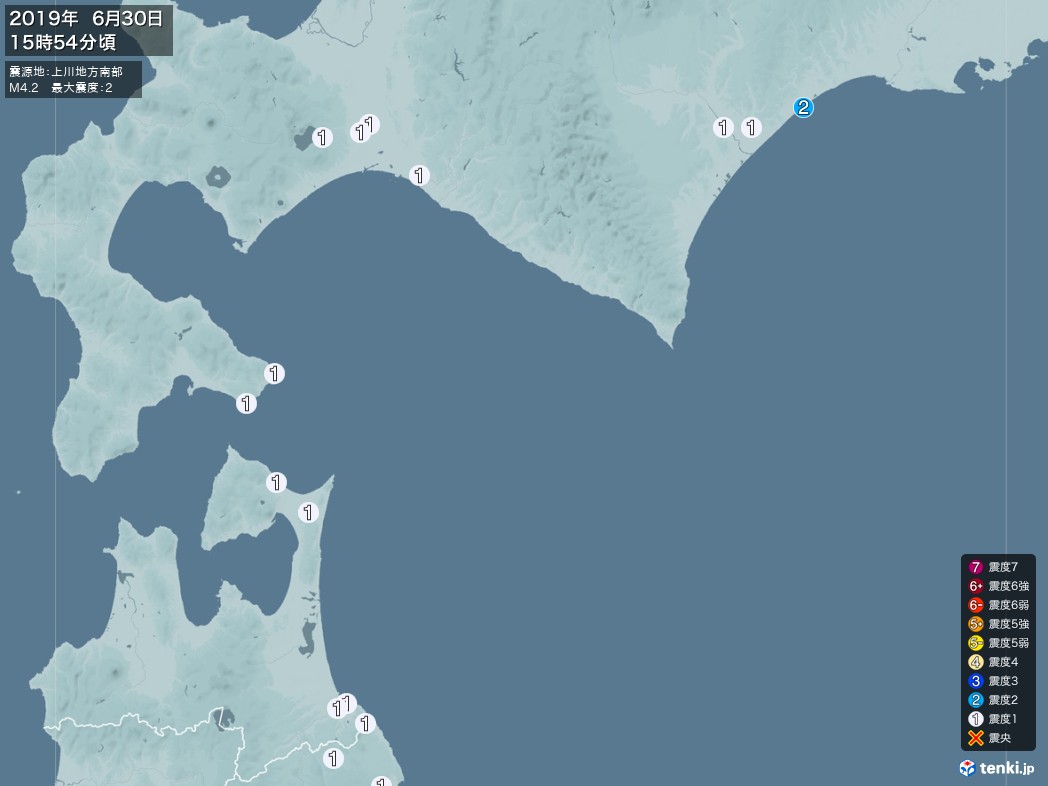 地震情報 2019年06月30日 15時54分頃発生 最大震度：2 震源地：上川地方南部(拡大画像)