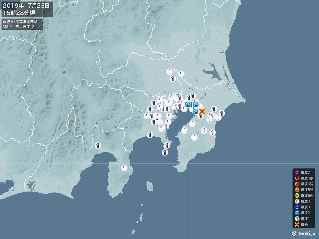 地震情報 2019年07月23日 15時28分頃発生 最大震度：2 震源地：千葉県北西部(拡大画像)