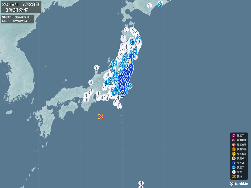 地震情報 19年07月28日 03時31分頃発生 最大震度 4 震源地 三重県南東沖 日本気象協会 Tenki Jp