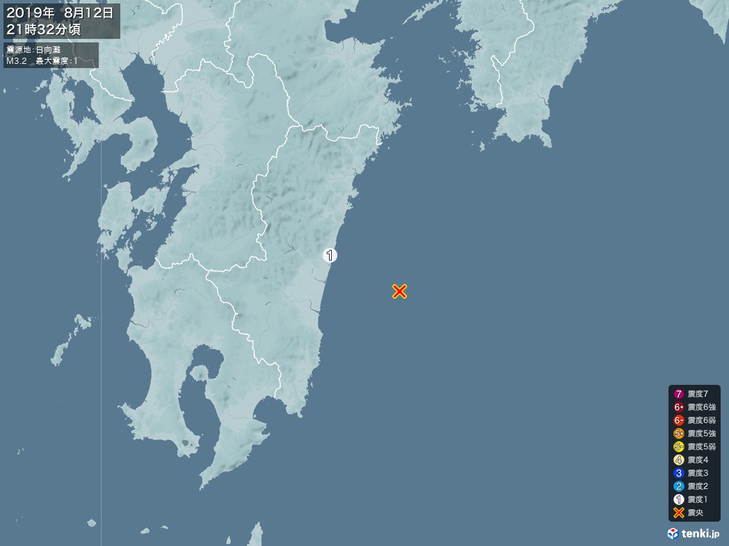 地震情報 2019年08月12日 21時32分頃発生 最大震度：1 震源地：日向灘(拡大画像)