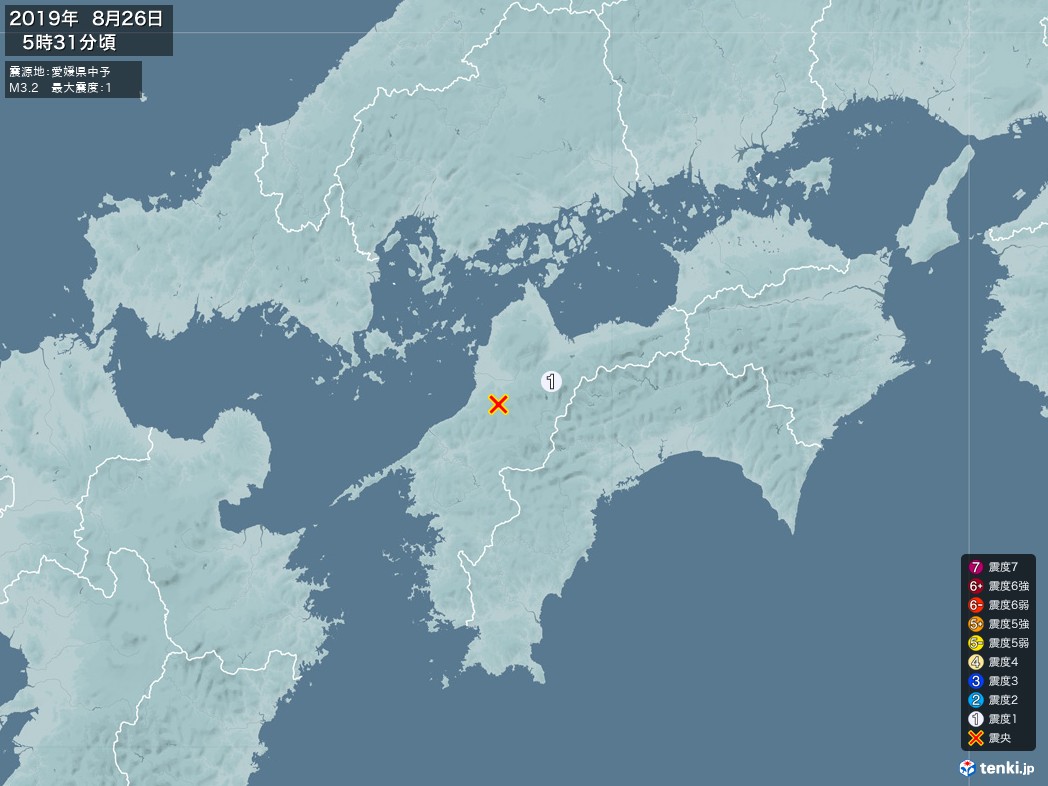 地震情報 2019年08月26日 05時31分頃発生 最大震度：1 震源地：愛媛県中予(拡大画像)