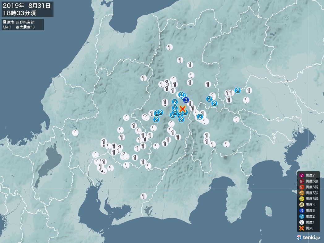 地震情報 2019年08月31日 18時03分頃発生 最大震度：3 震源地：長野県南部(拡大画像)