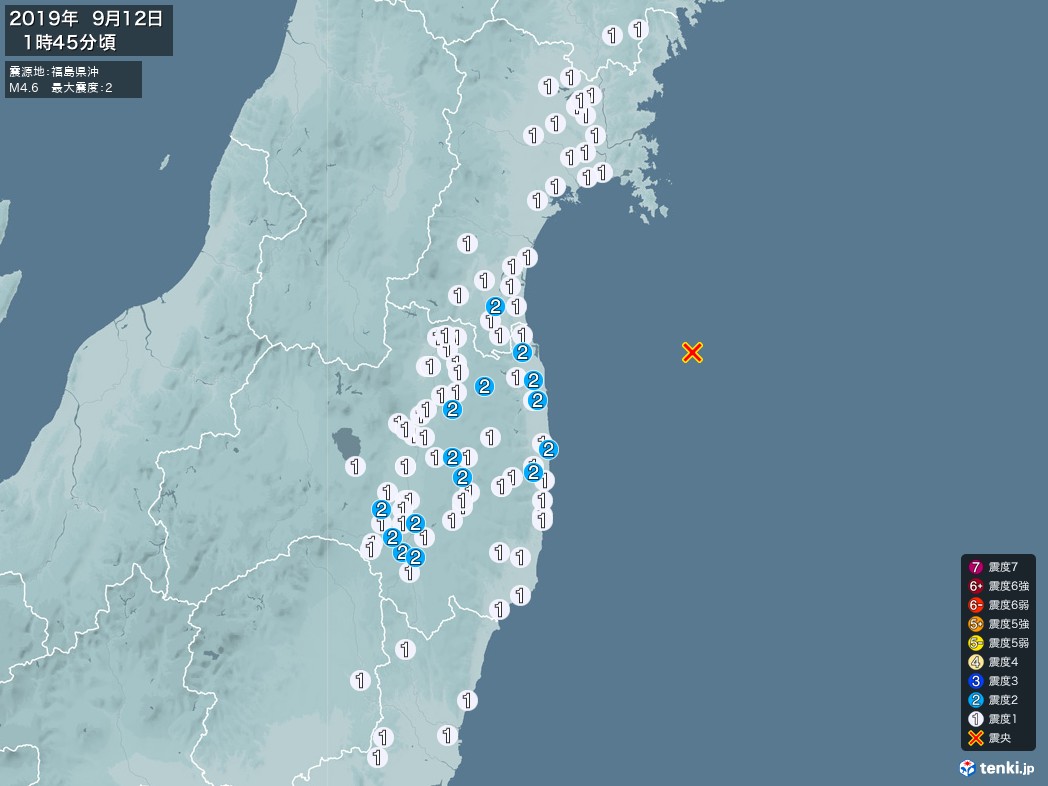 地震情報 2019年09月12日 01時45分頃発生 最大震度：2 震源地：福島県沖(拡大画像)