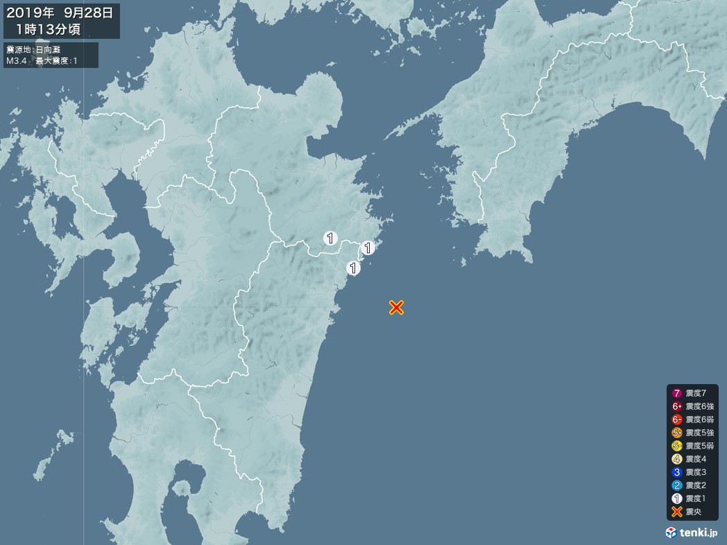 地震情報 2019年09月28日 01時13分頃発生 最大震度：1 震源地：日向灘(拡大画像)