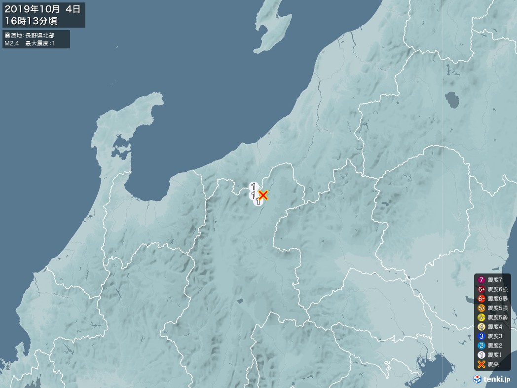 地震情報 2019年10月04日 16時13分頃発生 最大震度：1 震源地：長野県北部(拡大画像)